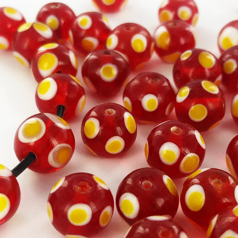 Glaskralen rond 10mm rood kralen met stippen wit geel per 5 stuks