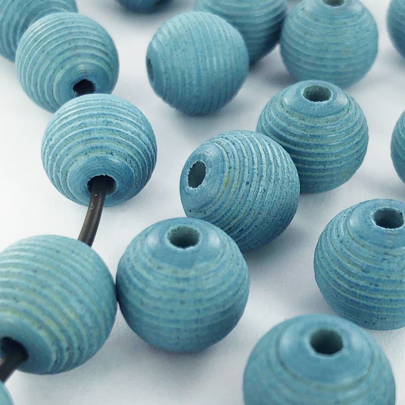 Houten kralen rond geribbeld 12mm mat blauw per 20 stuks