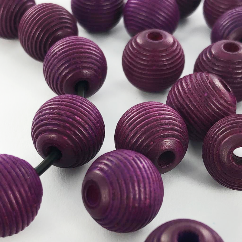 Houten kralen rond geribbeld 12mm mat paars per 20 stuks