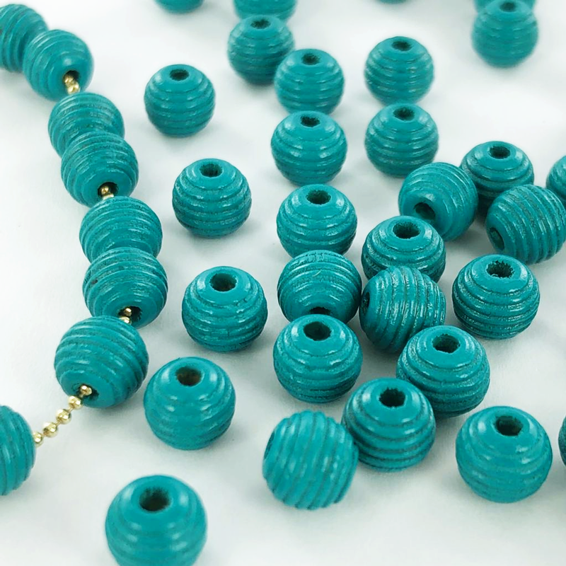 Houten kralen rond geribbeld 6mm turquoise per 20 stuks
